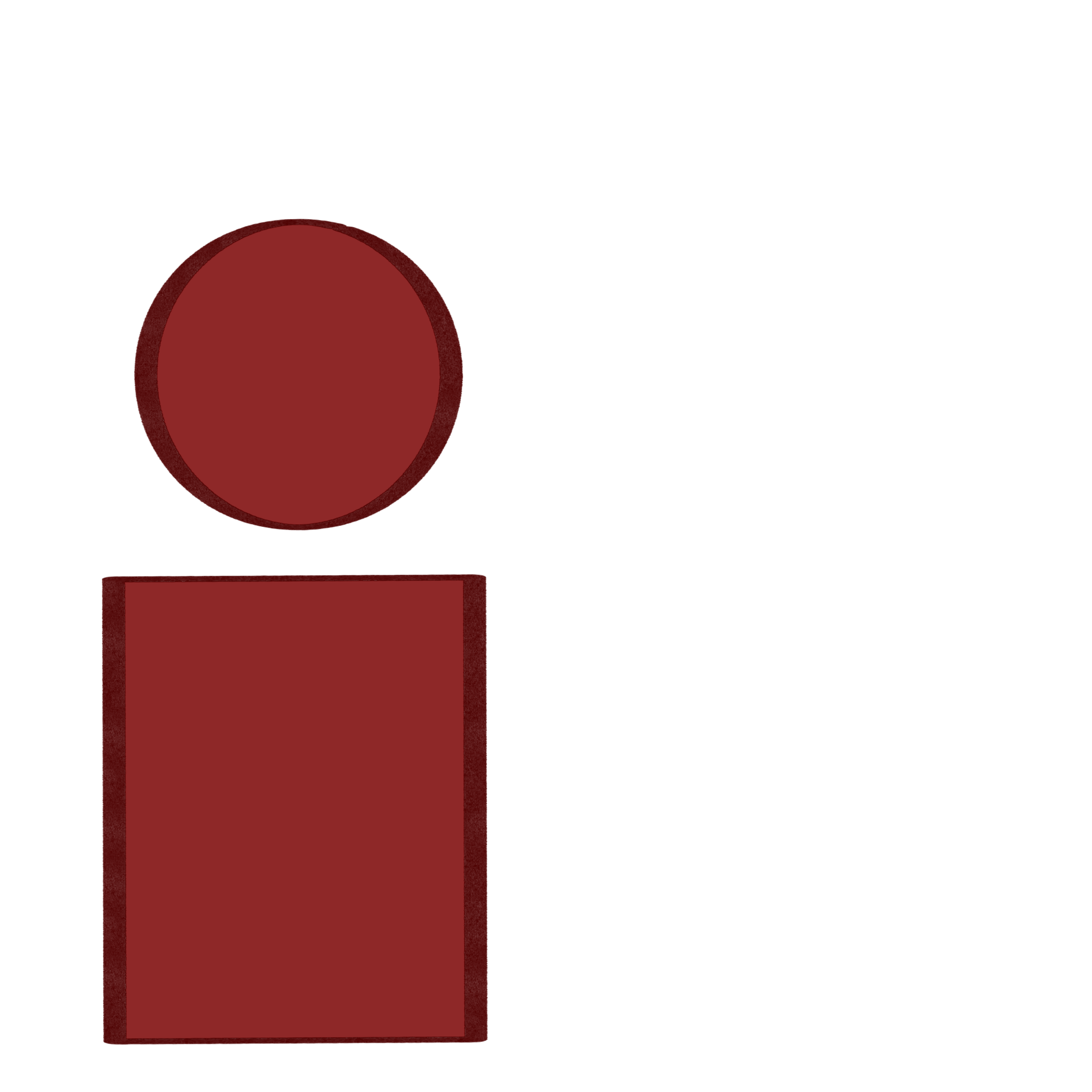 A drawing of a red person made of a rectangle body and circle head with a thought bubble next to them. 